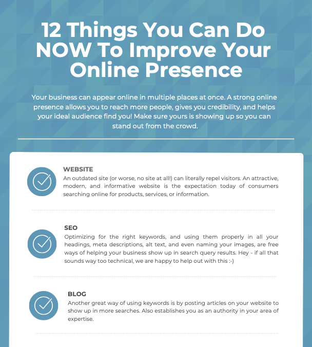 Our Online Presence Checklist is organized by online strategy type